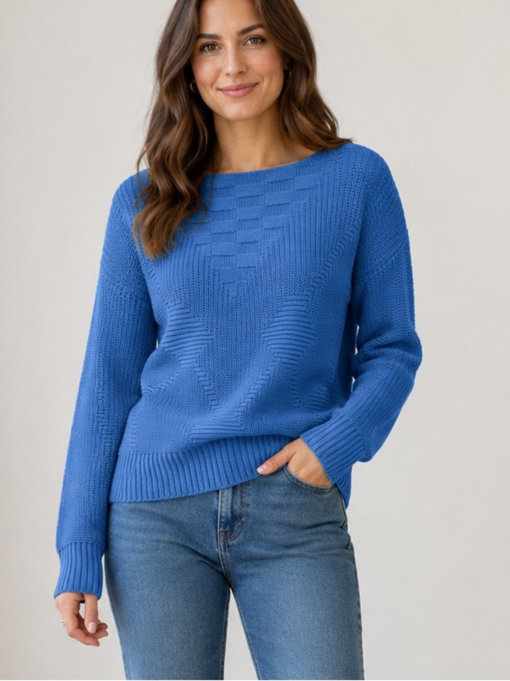 Vintage 70s Kenneth Too! Blue Sweater Retro Boat Neck Cable Knit